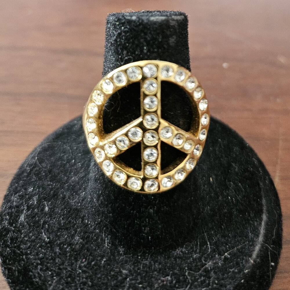 Coach Gold Pave Crystal Peace Sign Ring Size 7